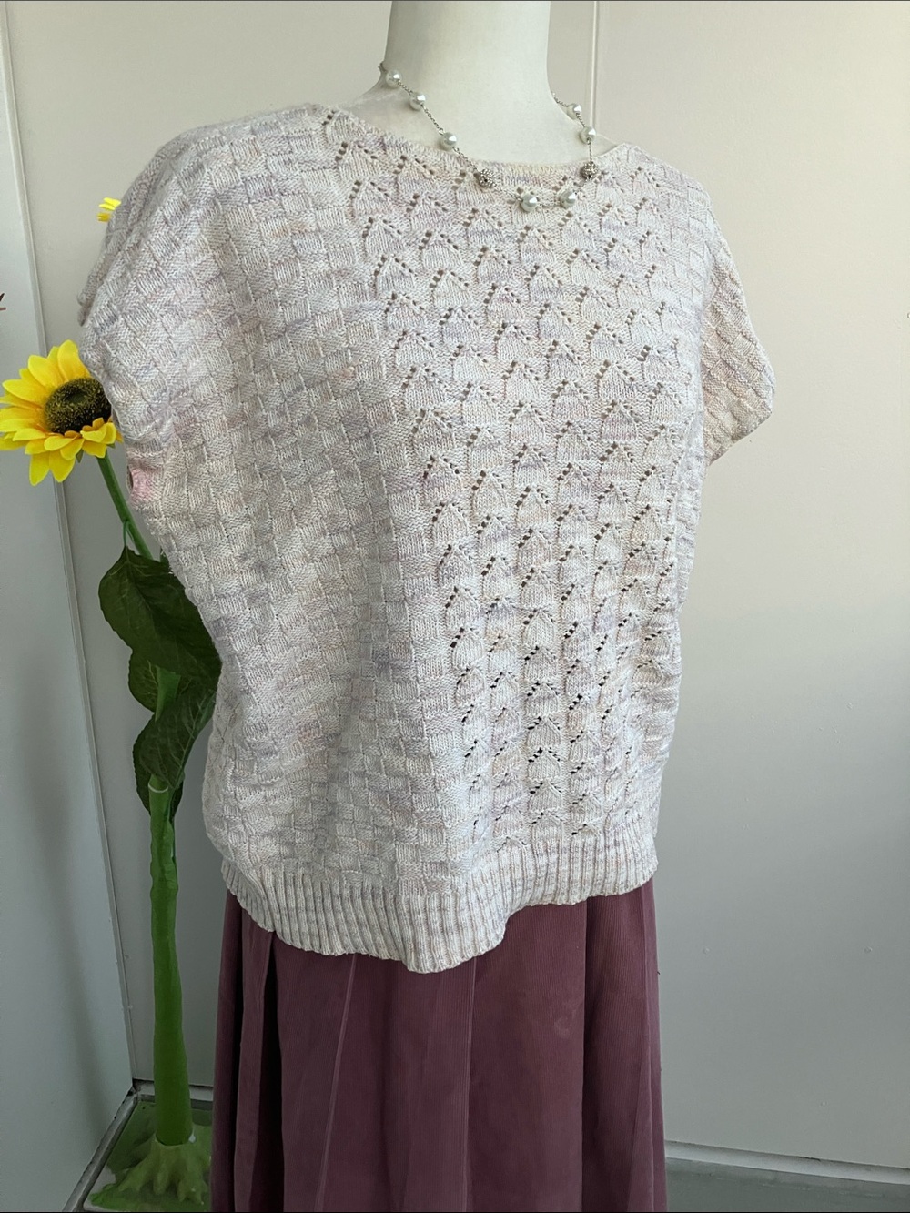 Vintage 80s Boxy Cream Pullover Sweater Vest w Multicolor Pastel Details